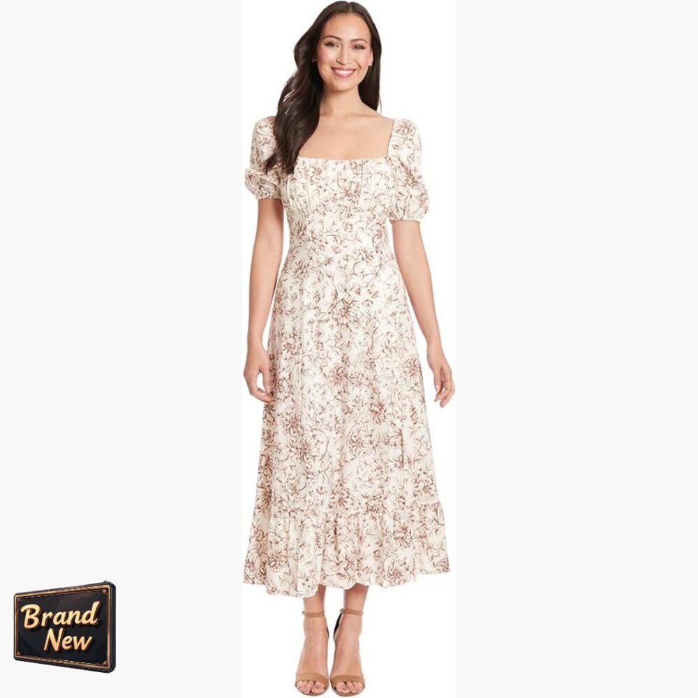 Size 8/M Midi Dress With Square Neck, Puff Sleeves, Smocked Back, Linen Blend